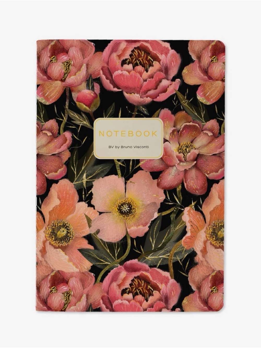 Floral Hardcover Notebook - Black with Pink & Peach Blooms